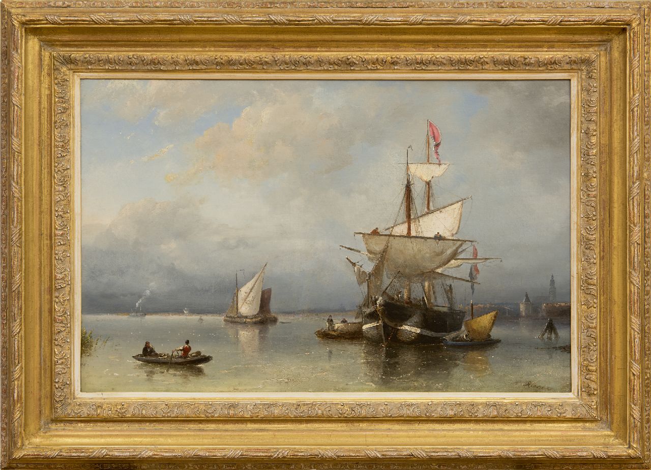 Riegen N.  | Nicolaas Riegen, Schepen voor anker op het IJ voor Amsterdam, olieverf op doek 44,5 x 67,3 cm, gesigneerd rechtsonder