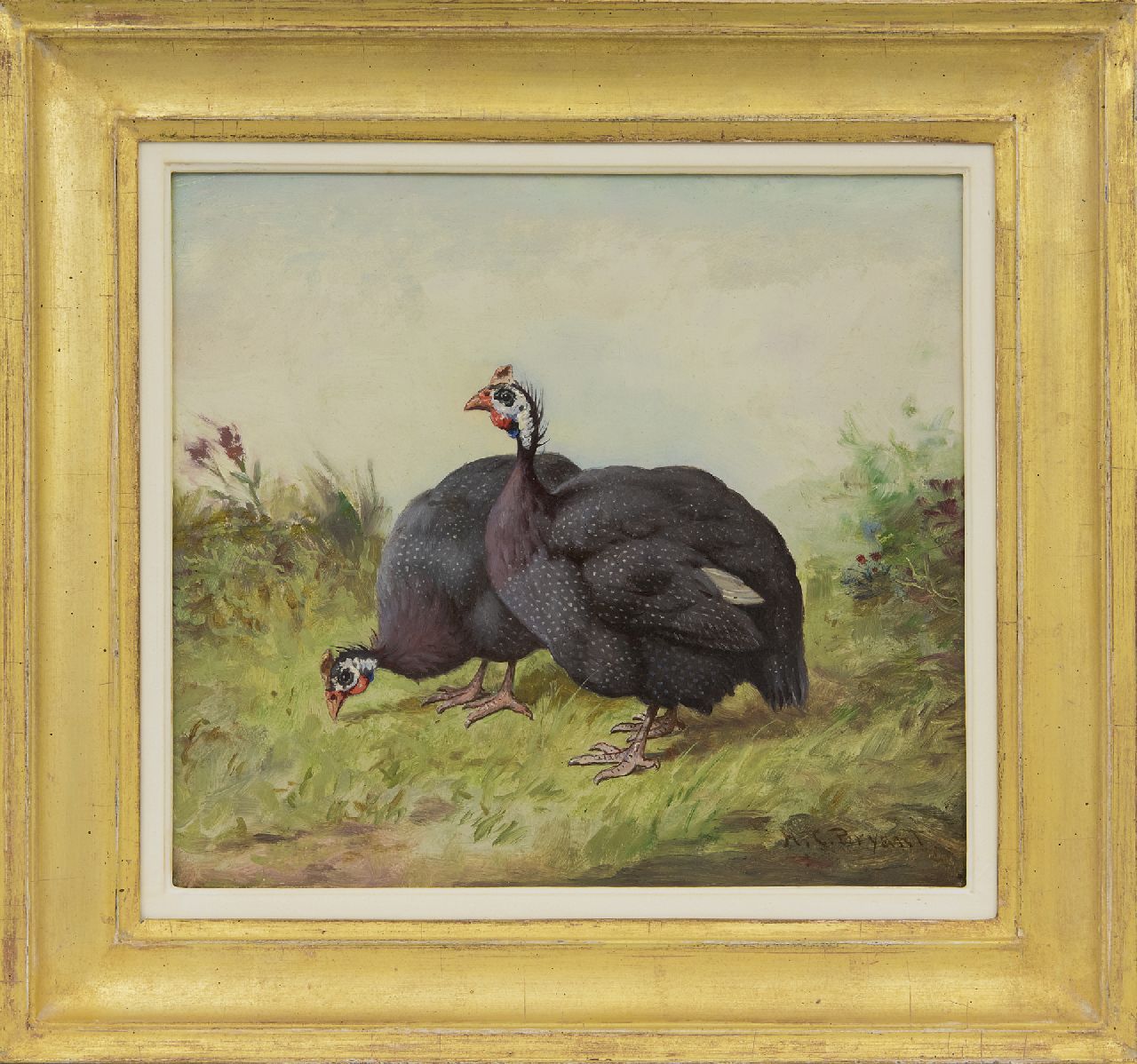 Bryant H.C. | Henry Charles Bryant | Schilderijen te koop aangeboden | Twee parelhoenders, olieverf op schildersboard 27,7 x 30,8 cm, gesigneerd rechtsonder Bryant H.C. | Henry Charles Bryant | Schilderijen te koop aangeboden | Twee parelhoenders, olieverf op schildersboard 27,7 x 30,8 cm, gesigneerd rechtsonder
