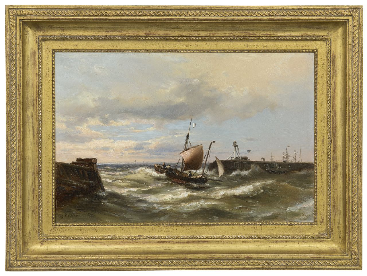 Koekkoek jr. H. | Hermanus Koekkoek jr., Het binnenvaren van de haven bij een stevige bries, olieverf op paneel 30,3 x 45,7 cm, gesigneerd linksonder Koekkoek jr. H. | Hermanus Koekkoek jr., Het binnenvaren van de haven bij een stevige bries, olieverf op paneel 30,3 x 45,7 cm, gesigneerd linksonder