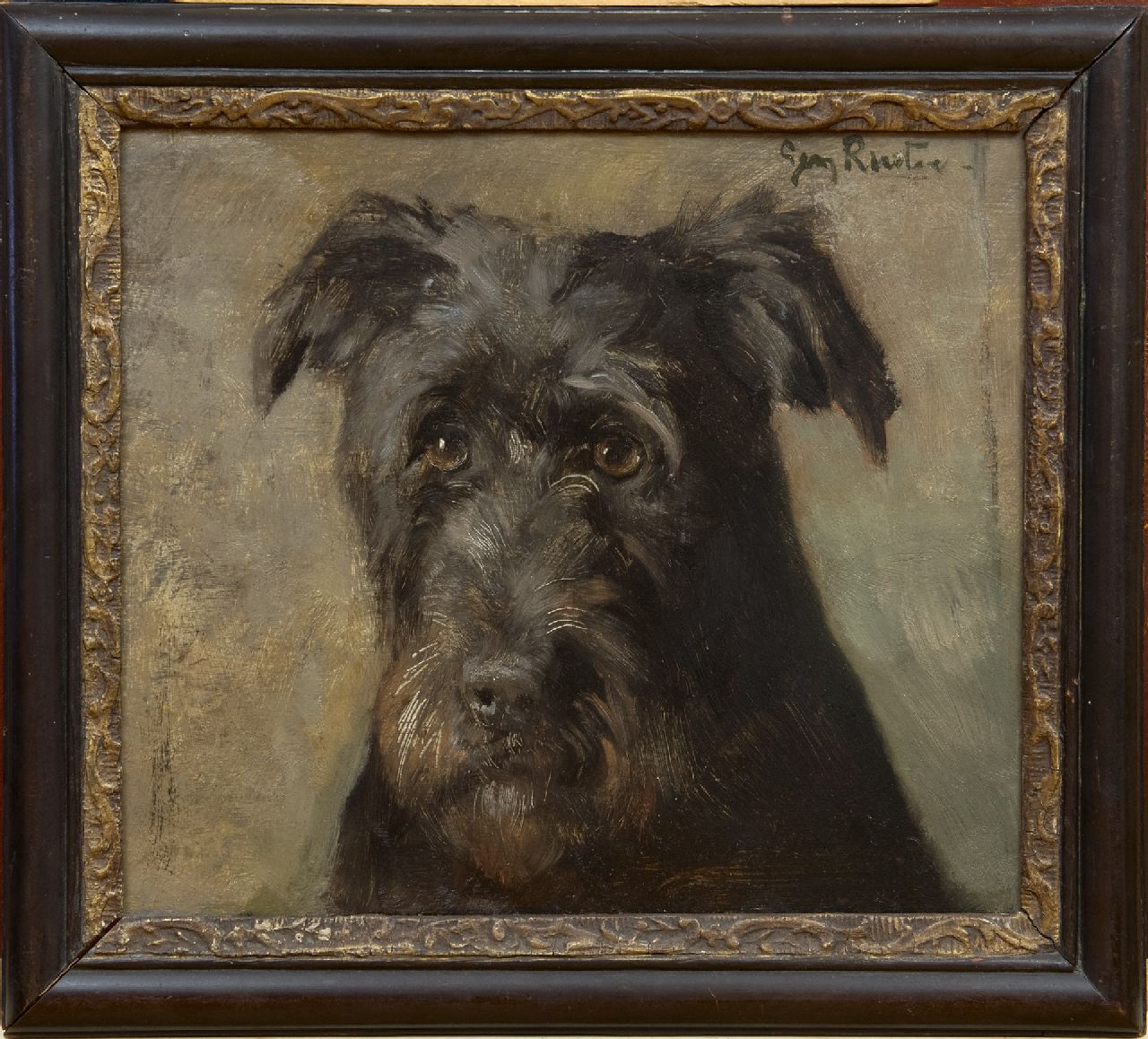Rueter W.C.G. | Wilhelm Christian 'Georg' Rueter, Portret van een terriër, olieverf op paneel 26,1 x 30,2 cm, gesigneerd rechtsboven Rueter W.C.G. | Wilhelm Christian 'Georg' Rueter, Portret van een terriër, olieverf op paneel 26,1 x 30,2 cm, gesigneerd rechtsboven