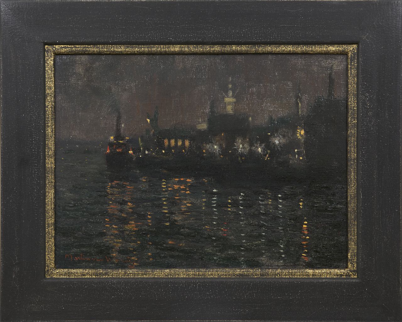 Waning G.M.W.F. van | Gijsbertus Martinus Wilhelmus Franciscus 'Martin' van Waning | Schilderijen te koop aangeboden | Haven bij nacht, olieverf op doek 30,2 x 40,3 cm, gesigneerd linksonder