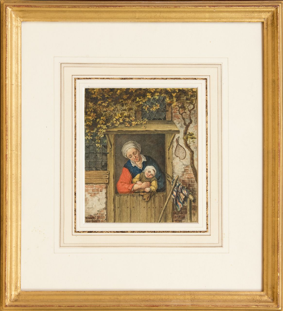 Wolff B.  | Benjamin Wolff | Aquarellen en tekeningen te koop aangeboden | Boerenvrouw met kind in een deuropening, aquarel op papier 14,2 x 12,3 cm, gesigneerd linksonder en gedateerd 1793