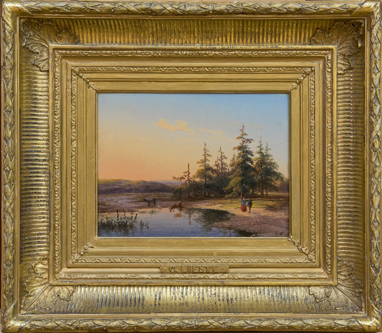 Lieste C. | Cornelis Lieste, Heuvellandschap met figuren en vee bij zonsondergang, olieverf op paneel 17,2 x 22,9 cm, gesigneerd rechtsonder met initialen Lieste C. | Cornelis Lieste, Heuvellandschap met figuren en vee bij zonsondergang, olieverf op paneel 17,2 x 22,9 cm, gesigneerd rechtsonder met initialen