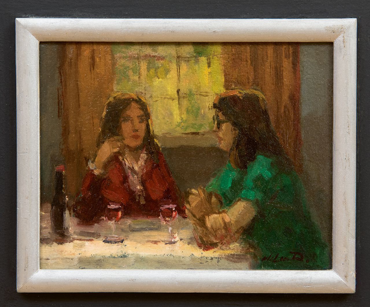 Dinther W.P.M. van | Wilhelmus Petrus Marie 'Wil' van Dinther | Schilderijen te koop aangeboden | Gesprekje bij een glas wijn, olieverf op board 14,9 x 18,8 cm, gesigneerd rechtsonder en verso