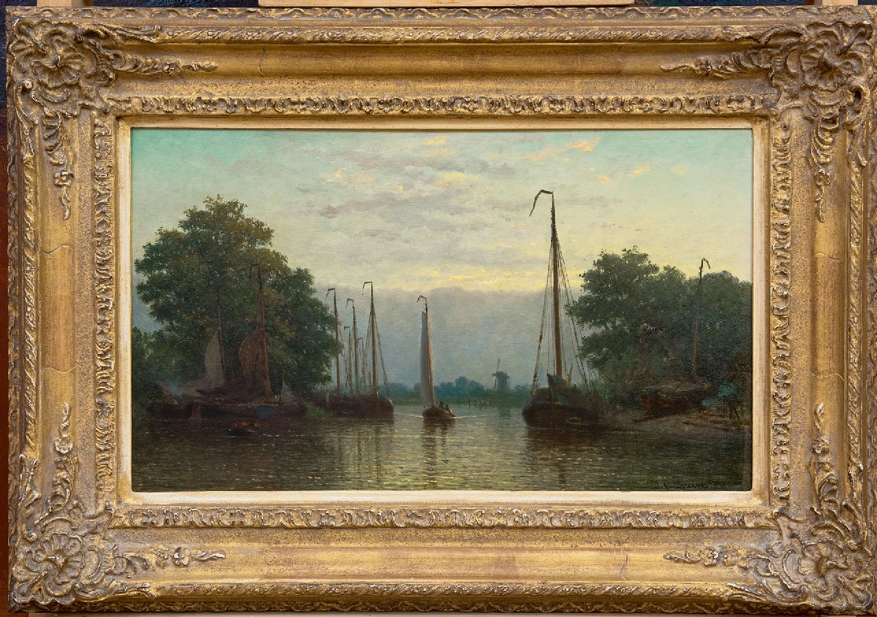 Greive J.C.  | Johan Conrad 'Coen' Greive, Kleine scheepsreparatiewerf buiten de stad, bij schemering, olieverf op paneel 25,5 x 42,5 cm, gesigneerd rechtsonder
