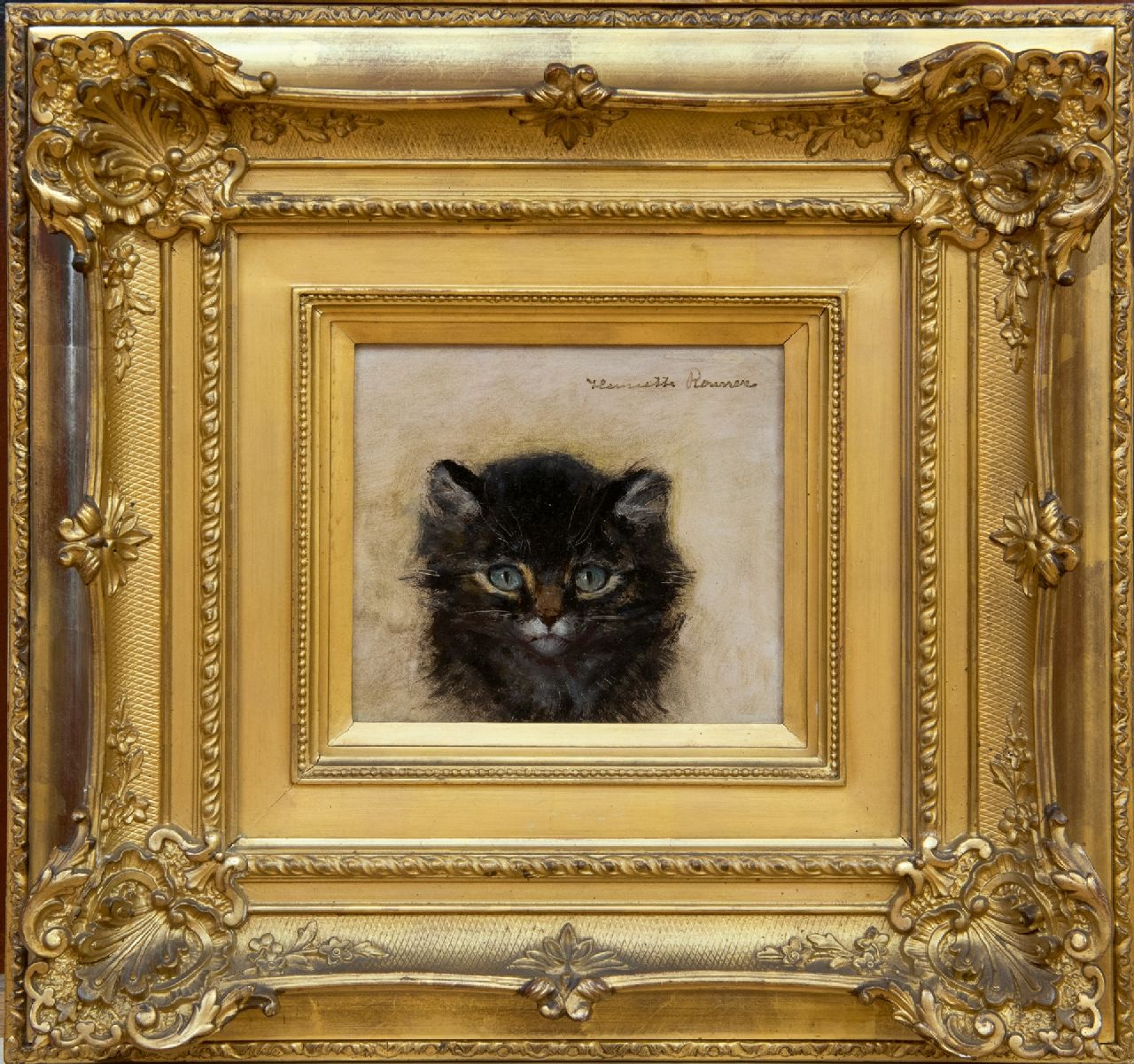 Ronner-Knip H. | Henriette Ronner-Knip, Poezenkopje, olieverf op paneel 12,0 x 13,4 cm, gesigneerd rechtsboven Ronner-Knip H. | Henriette Ronner-Knip, Poezenkopje, olieverf op paneel 12,0 x 13,4 cm, gesigneerd rechtsboven