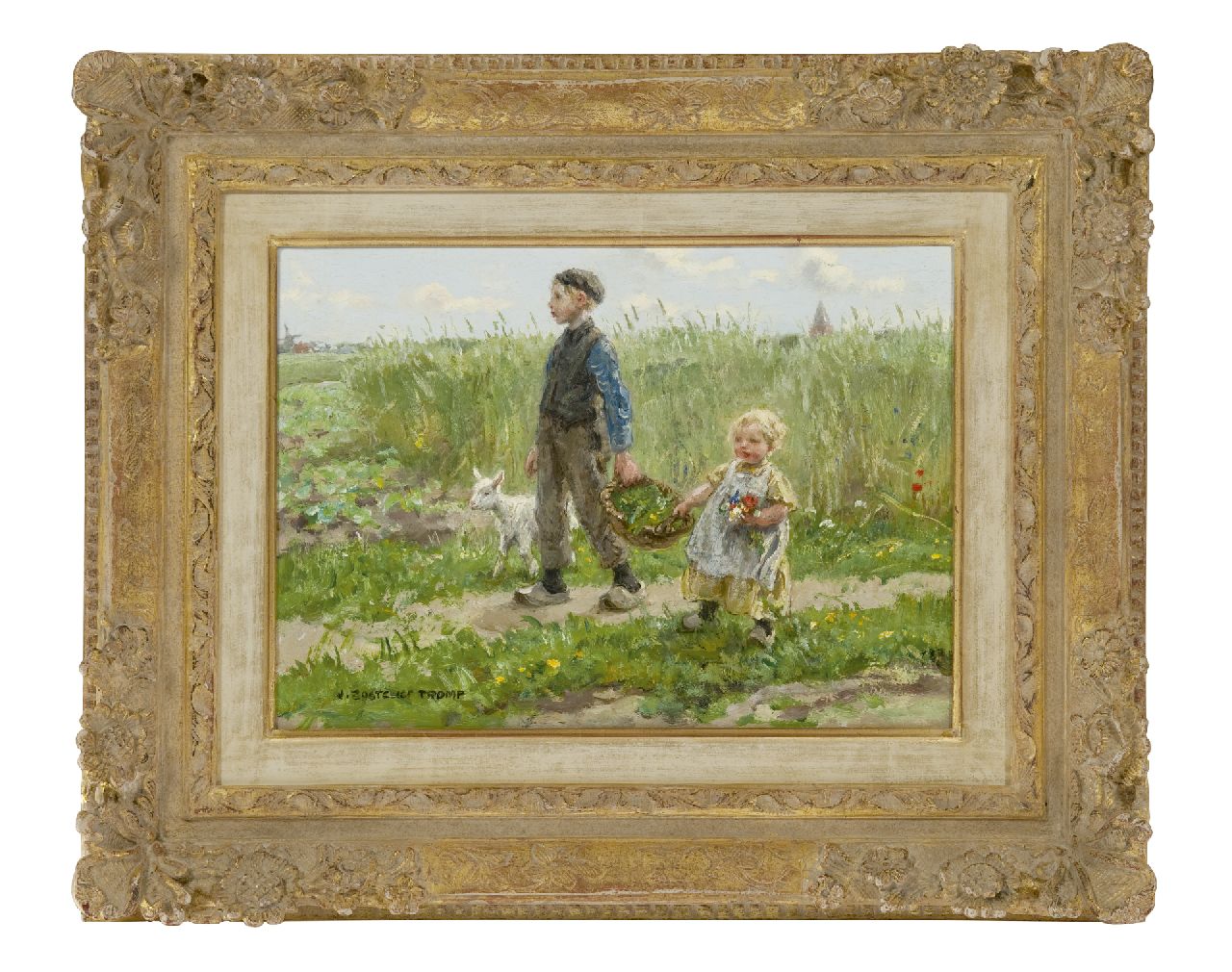 Zoetelief Tromp J.  | Johannes 'Jan' Zoetelief Tromp, Kinderen lopend langs het korenveld bij Blaricum, olieverf op paneel 24,3 x 33,8 cm, gesigneerd linksonder