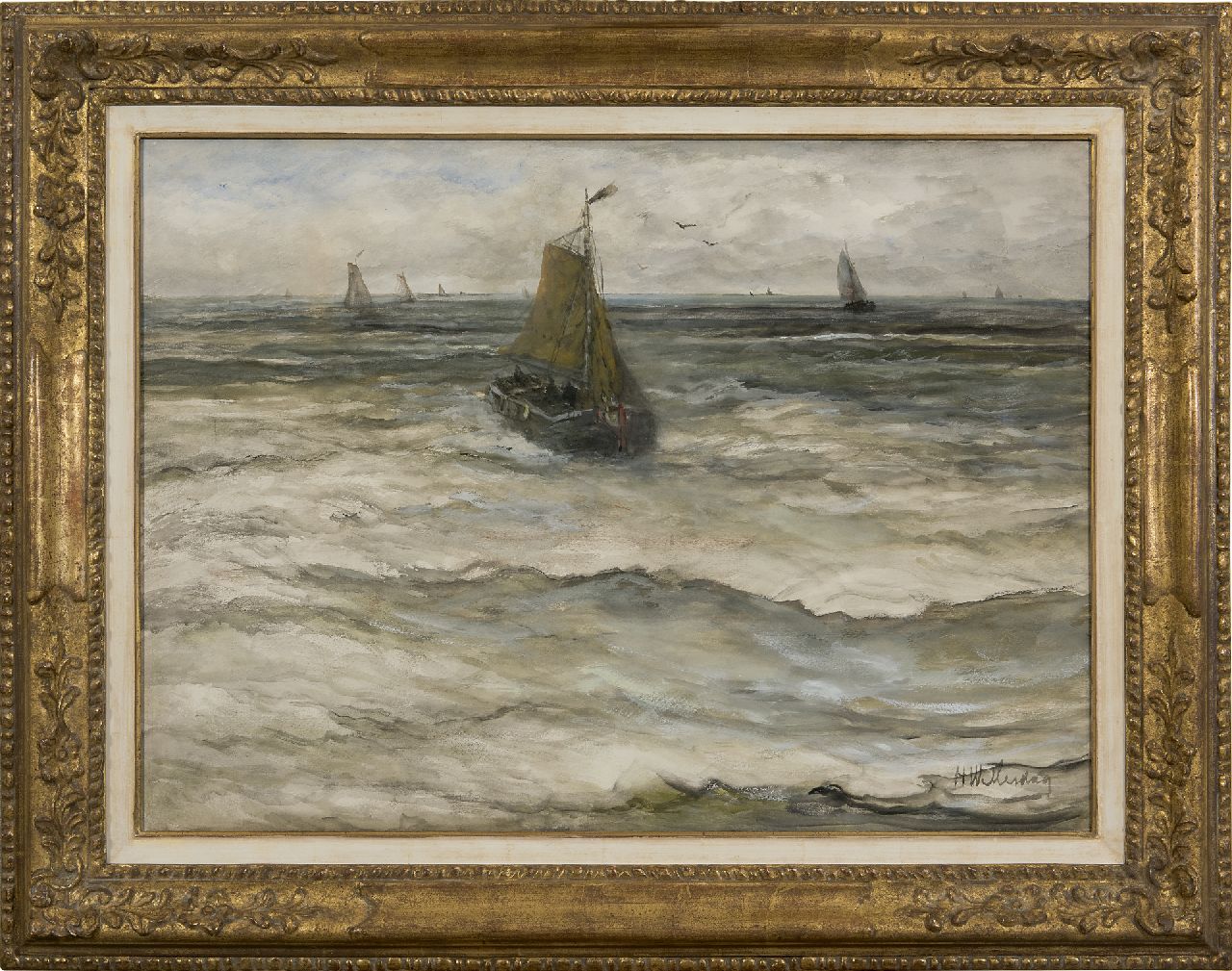 Mesdag H.W.  | Hendrik Willem Mesdag | Aquarellen en tekeningen te koop aangeboden | Binnenkomende bom, aquarel op papier 53,0 x 73,5 cm, gesigneerd rechtsonder
