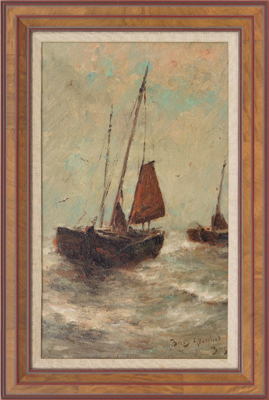 Berg B.R. | Betzy Rezora Berg, Bomschuiten in de branding, Scheveningen, olieverf op doek 50,3 x 30,3 cm, gesigneerd rechtsonder en op etiket op spieraam en te dateren ca. 1885-1888 Berg B.R. | Betzy Rezora Berg, Bomschuiten in de branding, Scheveningen, olieverf op doek 50,3 x 30,3 cm, gesigneerd rechtsonder en op etiket op spieraam en te dateren ca. 1885-1888