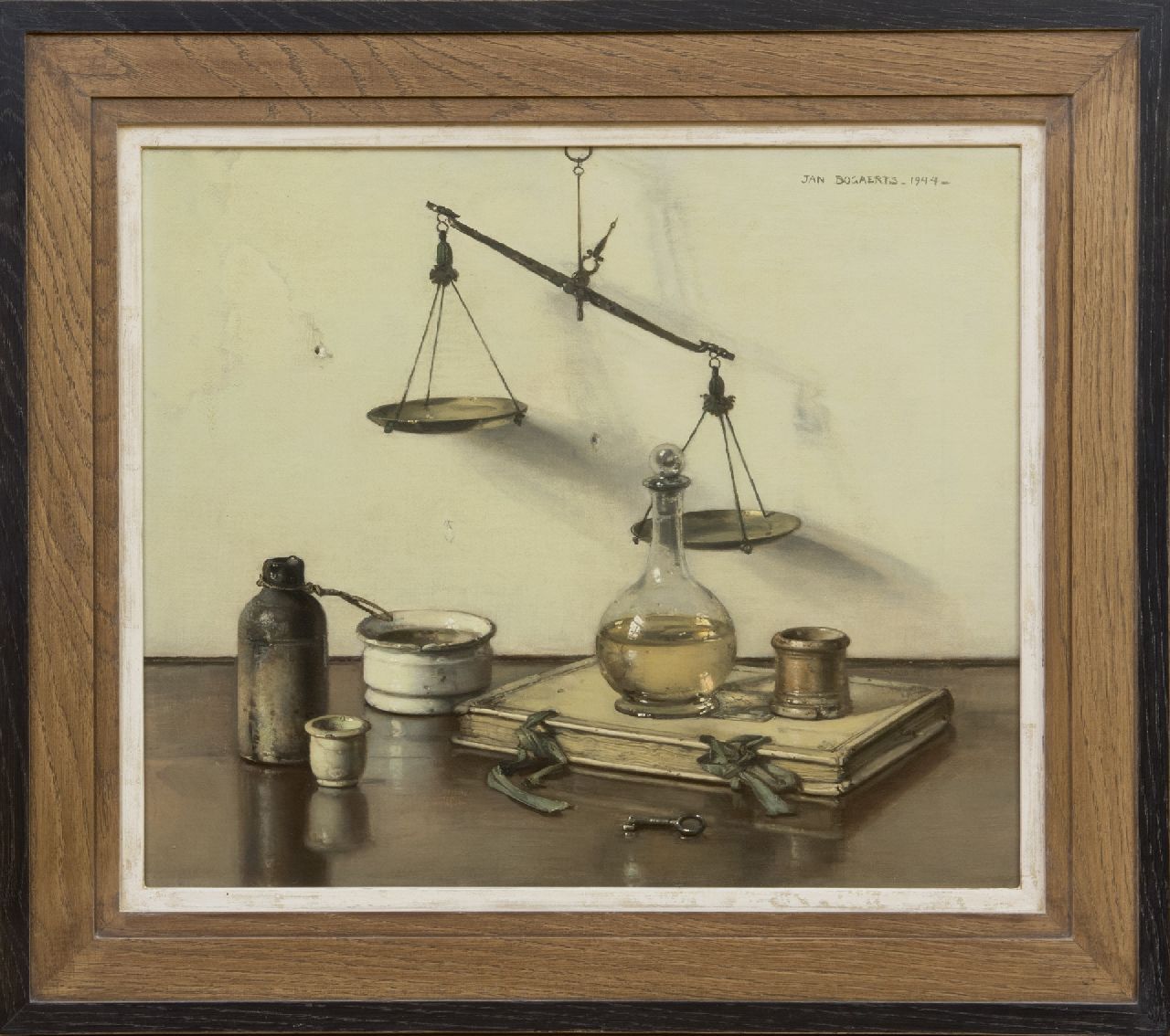 Bogaerts J.J.M.  | Johannes Jacobus Maria 'Jan' Bogaerts, Stilleven met weegschaal, boek, karaf en zalfpotjes, olieverf op doek 36,0 x 42,9 cm, gesigneerd rechtsboven en gedateerd 1944