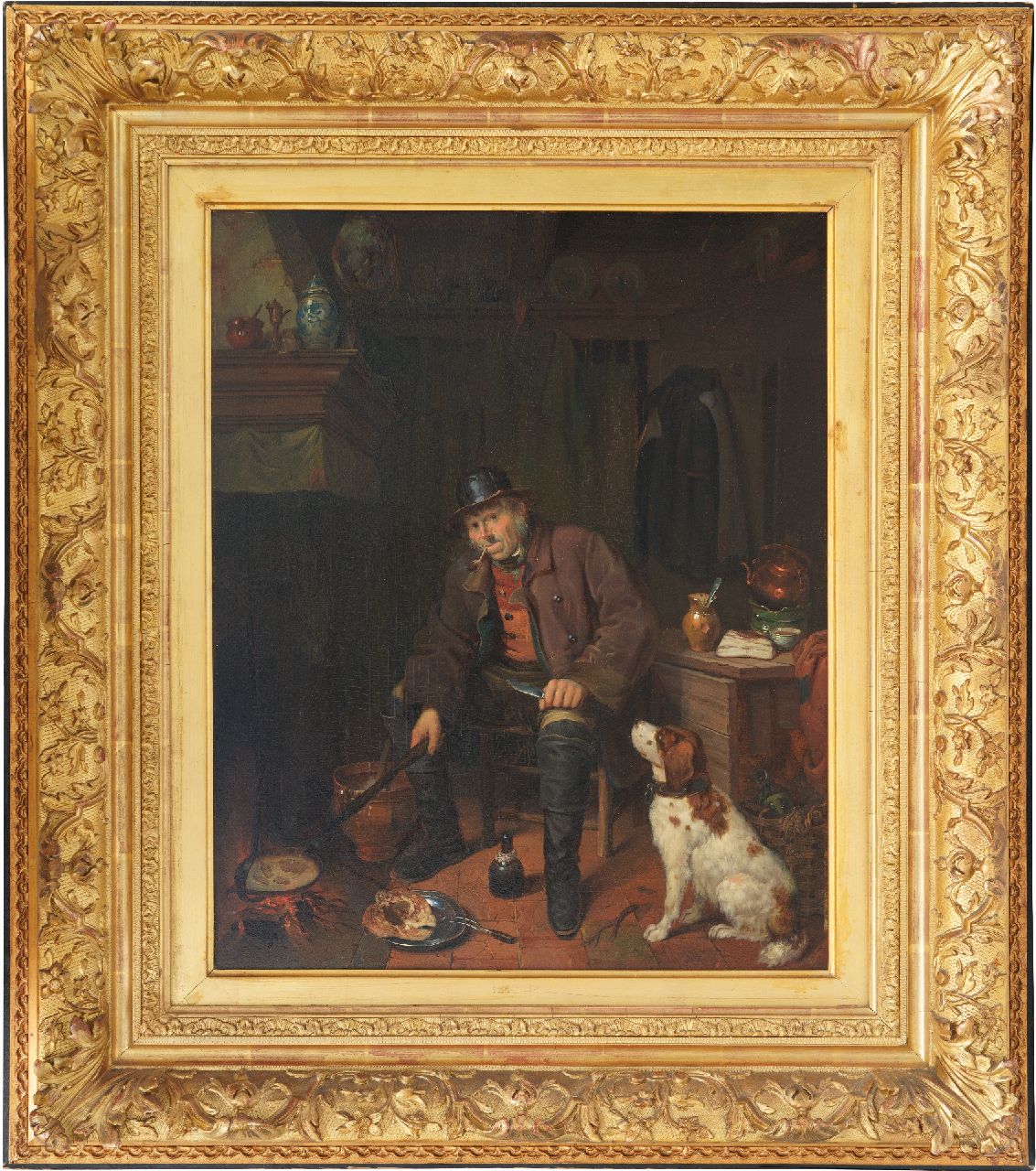 Canta J.A. | Johannes Antonius Canta | Schilderijen te koop aangeboden | Interieur met jager en zijn trouwe hond, olieverf op paneel 58,8 x 47,3 cm, gesigneerd rechts van het midden op de tafelrand Canta J.A. | Johannes Antonius Canta | Schilderijen te koop aangeboden | Interieur met jager en zijn trouwe hond, olieverf op paneel 58,8 x 47,3 cm, gesigneerd rechts van het midden op de tafelrand