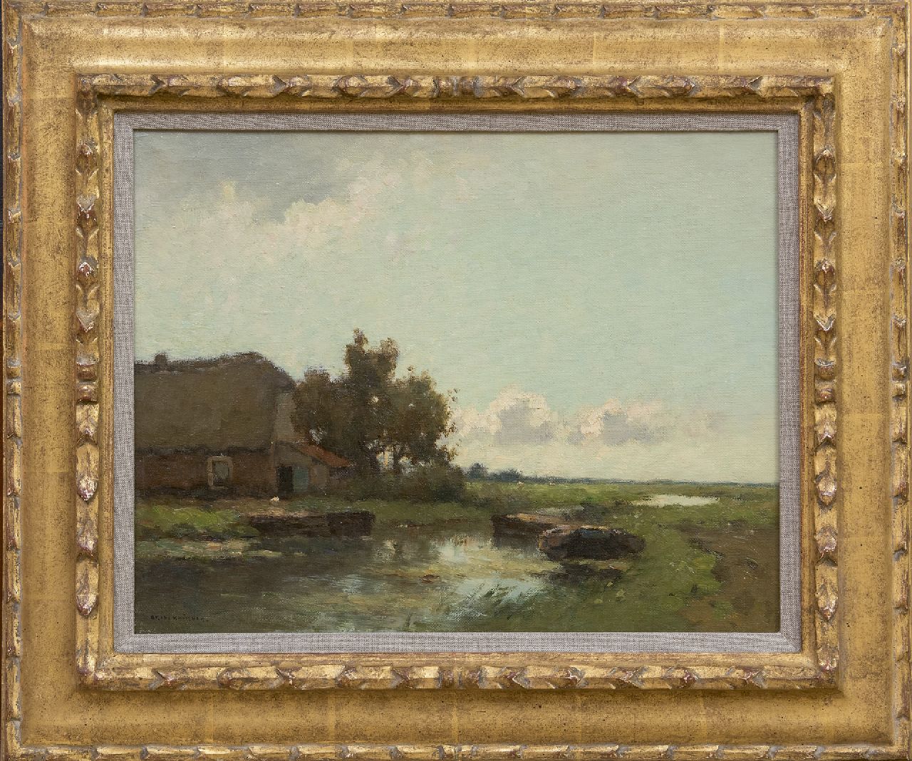 Knikker A.  | Aris Knikker, Afgemeerde schuiten bij een boerderij, olieverf op doek 32,3 x 41,1 cm, gesigneerd linksonder