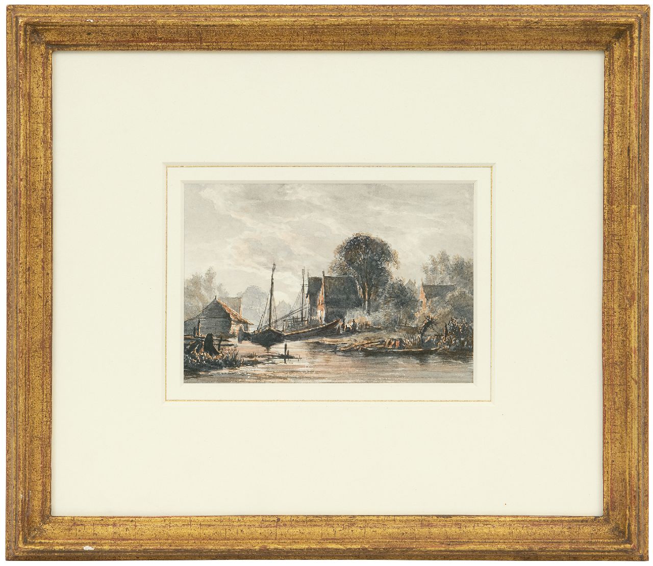 Abels J.Th. | 'Jacobus' Theodorus Abels, Scheepswerfje bij maanlicht, aquarel op papier 10,4 x 14,9 cm, gesigneerd verso met monogram en gedateerd 1856 verso Abels J.Th. | 'Jacobus' Theodorus Abels, Scheepswerfje bij maanlicht, aquarel op papier 10,4 x 14,9 cm, gesigneerd verso met monogram en gedateerd 1856 verso