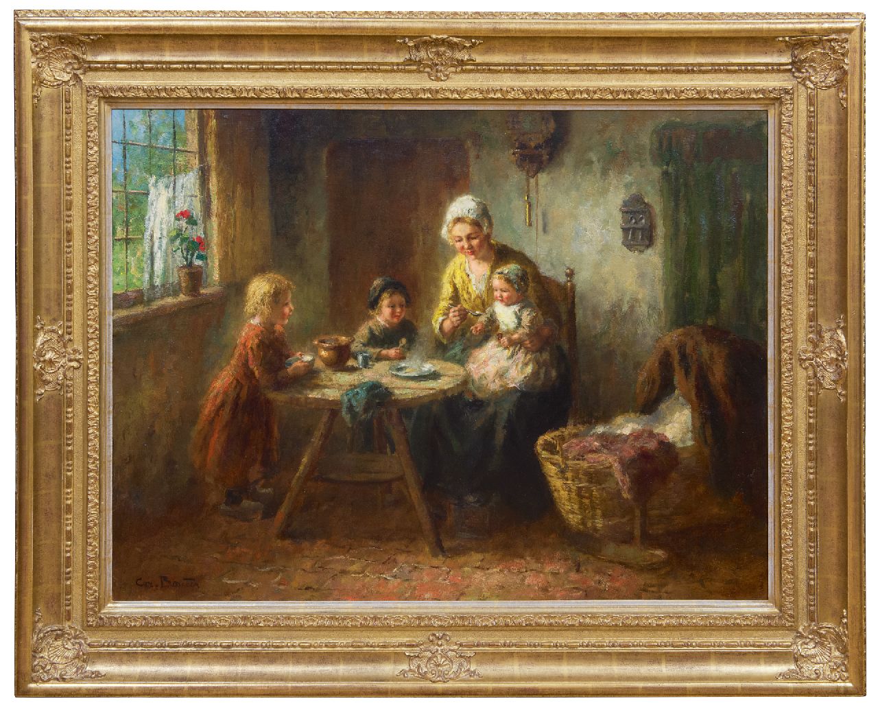 Bouter C.W.  | Cornelis Wouter 'Cor' Bouter, Interieur met moeder en kinderen aan de maaltijd, olieverf op doek 75,1 x 99,9 cm, gesigneerd linksonder
