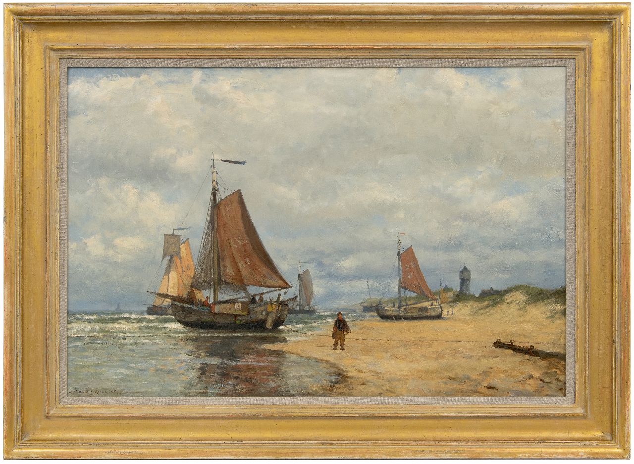 Koekkoek G.J. | Gerardus Johannes 'Gerard' Koekkoek | Schilderijen te koop aangeboden | Bomschuiten op het strand van Katwijk, olieverf op doek 52,5 x 79,5 cm, gesigneerd linksonder Koekkoek G.J. | Gerardus Johannes 'Gerard' Koekkoek | Schilderijen te koop aangeboden | Bomschuiten op het strand van Katwijk, olieverf op doek 52,5 x 79,5 cm, gesigneerd linksonder