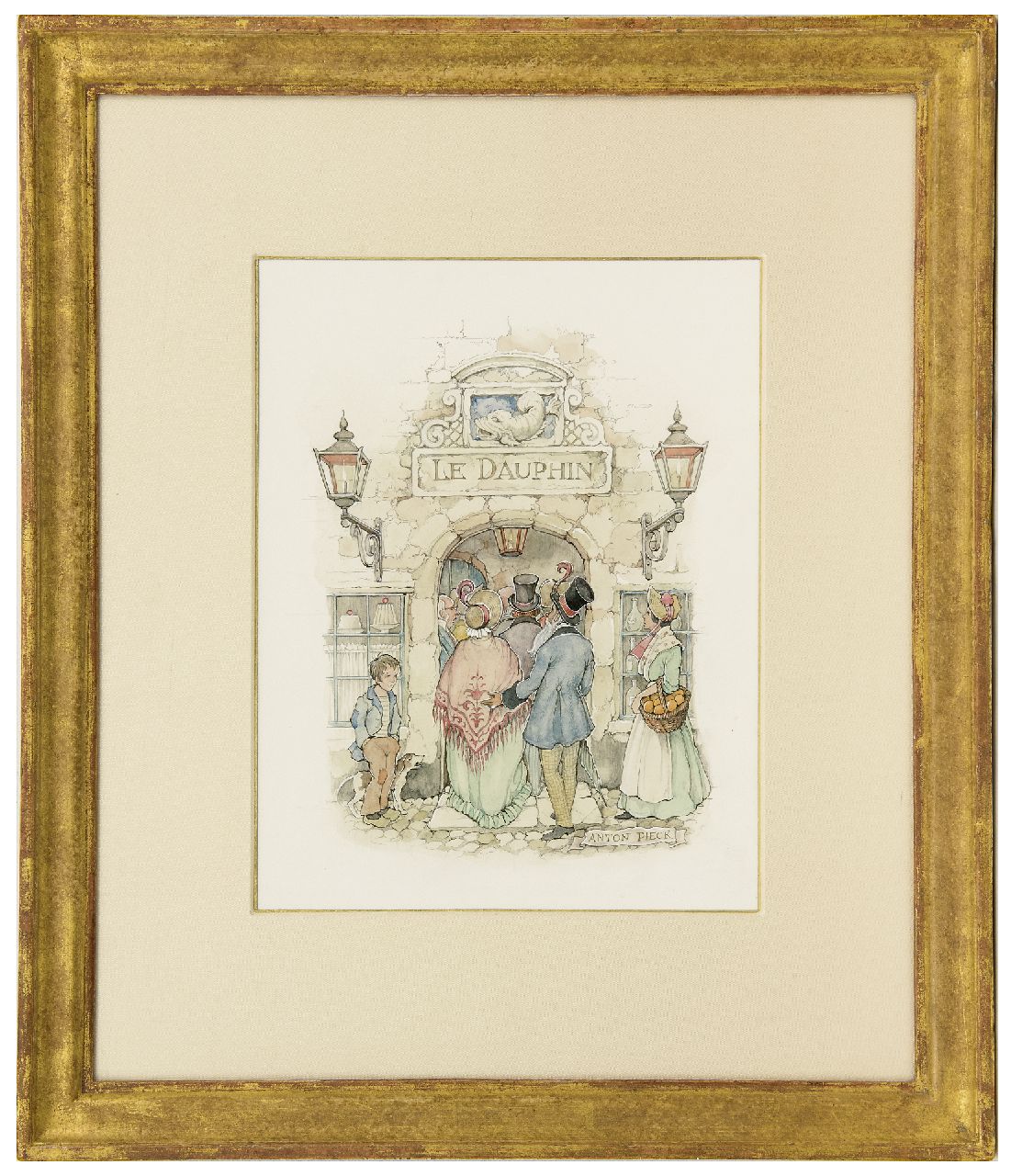 Pieck A.F. | 'Anton' Franciscus Pieck, Deftig gezelschap bij het betreden van 'Le Dauphin', potlood en aquarel op papier 29,7 x 23,0 cm, gesigneerd rechtsonder Pieck A.F. | 'Anton' Franciscus Pieck, Deftig gezelschap bij het betreden van 'Le Dauphin', potlood en aquarel op papier 29,7 x 23,0 cm, gesigneerd rechtsonder