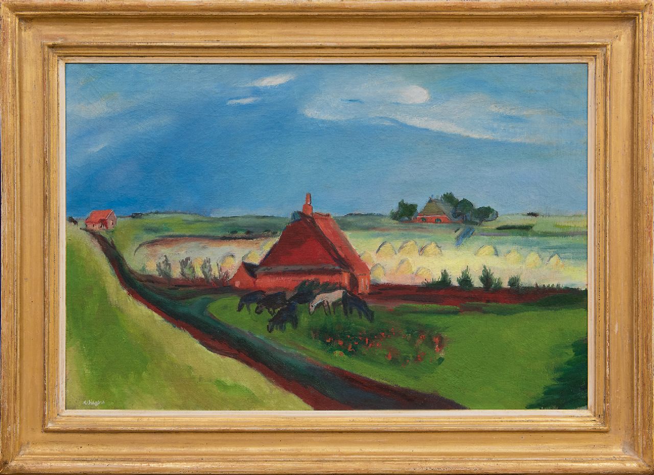 Wiegers J.  | Jan Wiegers, Polderlandschap met zeedijk, Groningen, wasverf op doek 53,0 x 80,3 cm, gesigneerd linksonder en te dateren ca. 1930-1933