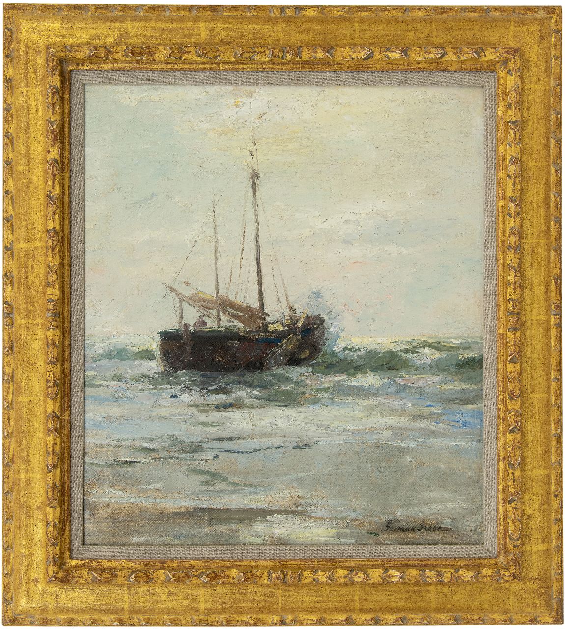 Grobe P.G. | Philipp 'German' Grobe | Schilderijen te koop aangeboden | Bomschuit in de branding, olieverf op doek op paneel 46,4 x 40,5 cm, gesigneerd rechtsonder Grobe P.G. | Philipp 'German' Grobe | Schilderijen te koop aangeboden | Bomschuit in de branding, olieverf op doek op paneel 46,4 x 40,5 cm, gesigneerd rechtsonder