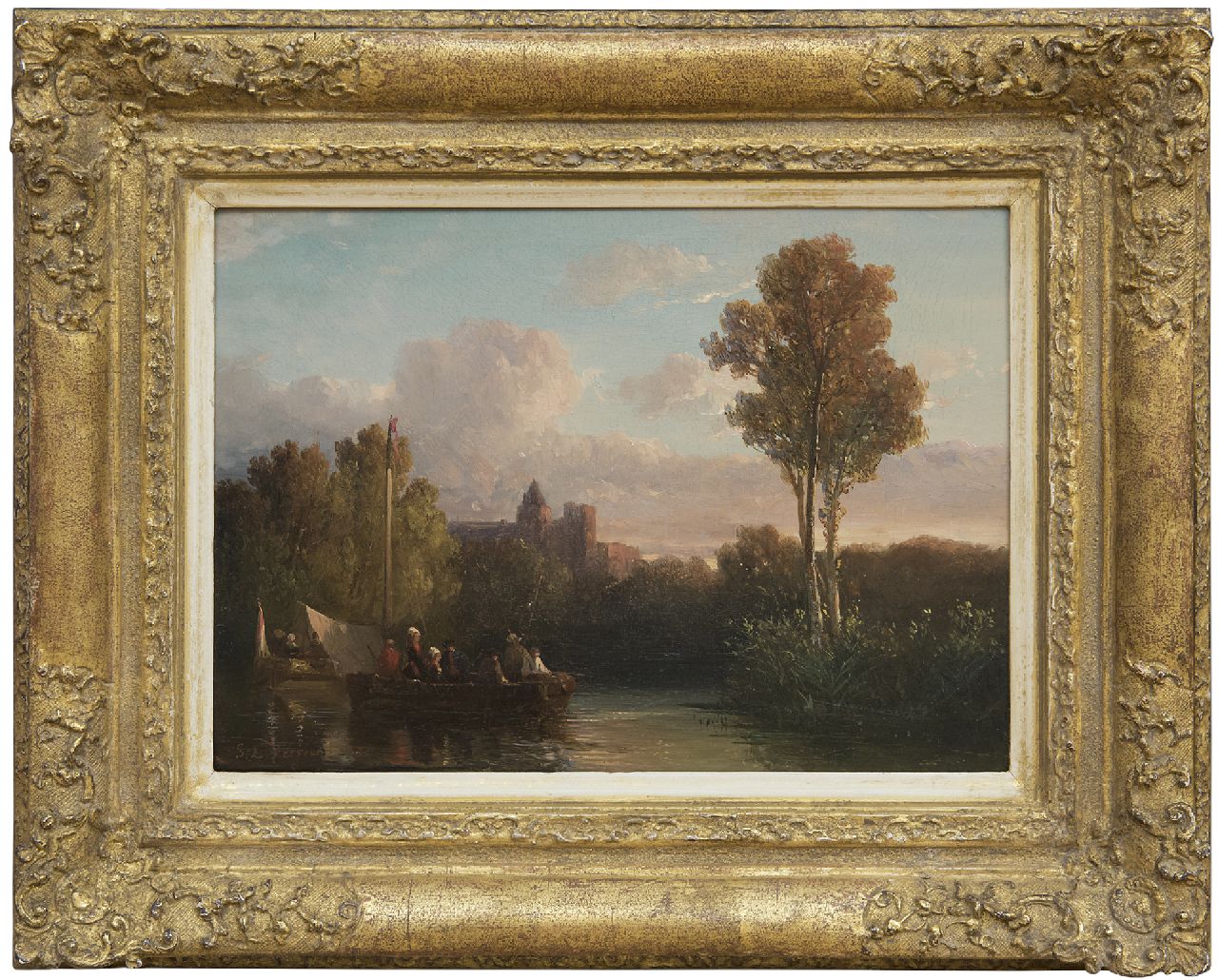Verveer S.L.  | 'Salomon' Leonardus Verveer | Schilderijen te koop aangeboden | Spelevarend gezelschap bij ondergaande zon, olieverf op paneel 19,4 x 26,6 cm, gesigneerd linksonder en onduidelijk gedateerd '53[?]