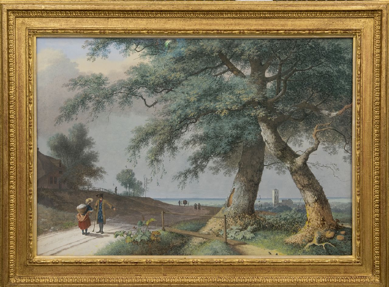 Knip J.A. | Josephus Augustus Knip, Italiaans landschap met figuren op een landweg, op de achtergrond een campanile, gouache op papier 49,5 x 71,5 cm Knip J.A. | Josephus Augustus Knip, Italiaans landschap met figuren op een landweg, op de achtergrond een campanile, gouache op papier 49,5 x 71,5 cm