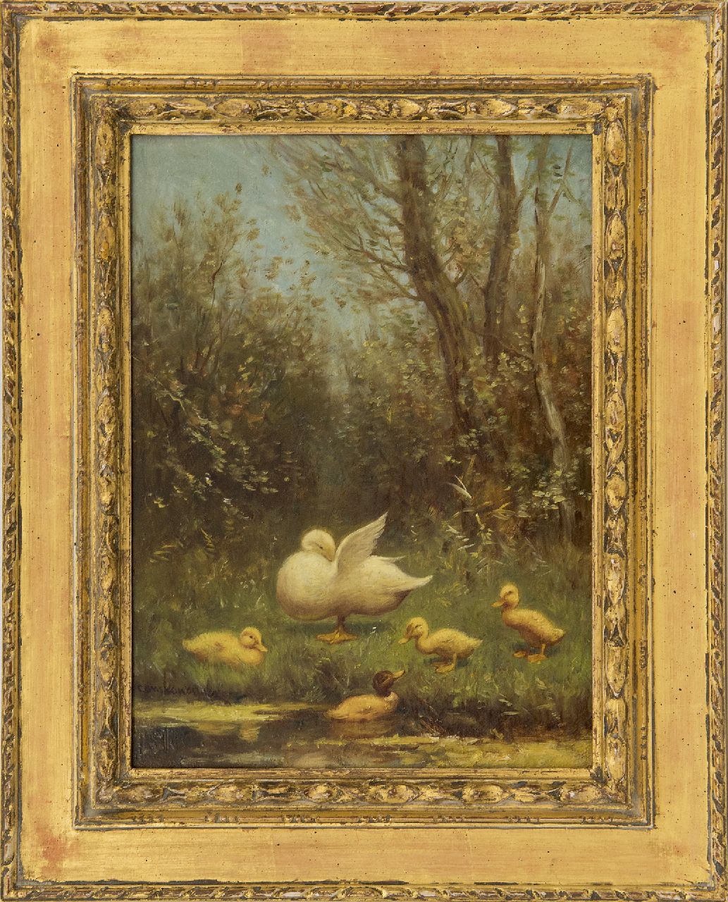 Artz C.D.L.  | 'Constant' David Ludovic Artz, Eend met kuikens op de slootoever, olieverf op paneel 24,1 x 18,1 cm, gesigneerd linksonder