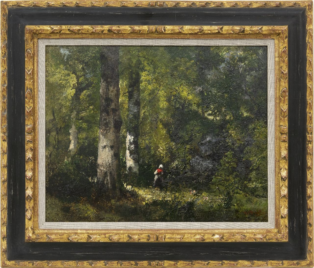 Diaz de la Peña N.V.  | Narcisse Virgile Diaz de la Peña, Houtsprokkelaarster in het bos van Fontainebleau, olieverf op schildersboard 32,3 x 40,6 cm, gesigneerd rechtsonder