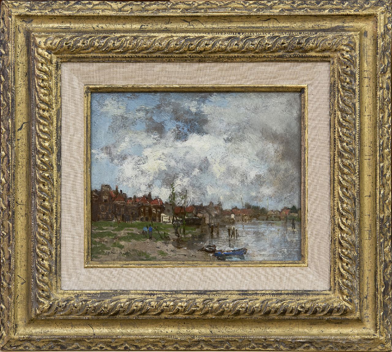 Mastenbroek J.H. van | Johan Hendrik van Mastenbroek, Bij de stad, olieverf op paneel 13,8 x 17,3 cm, gesigneerd linksonder Mastenbroek J.H. van | Johan Hendrik van Mastenbroek, Bij de stad, olieverf op paneel 13,8 x 17,3 cm, gesigneerd linksonder