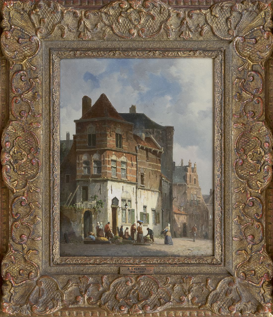 Eversen A. | Adrianus Eversen, Stadsgezicht met groenteverkopers, olieverf op paneel 27,4 x 21,3 cm, gesigneerd linksonder Eversen A. | Adrianus Eversen, Stadsgezicht met groenteverkopers, olieverf op paneel 27,4 x 21,3 cm, gesigneerd linksonder
