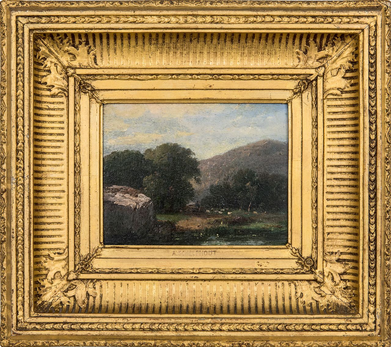 Schelfhout A.  | Andreas Schelfhout | Schilderijen te koop aangeboden | Heuvellandschap met schaapskudde en herder, olieverf op paneel 13,8 x 17,5 cm, gesigneerd linksonder met initialen A Sc