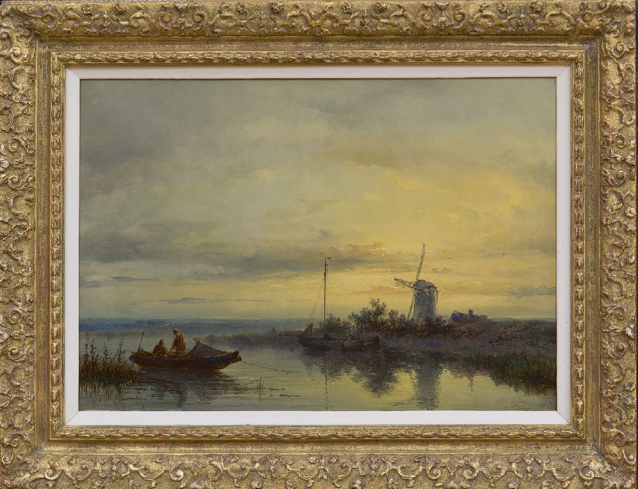 Hilverdink J. | Johannes Hilverdink | Schilderijen te koop aangeboden | Rivierlandschap met afgemeerde roeiboot en vissers, olieverf op paneel 31,1 x 44,5 cm, gesigneerd rechtsonder en gedateerd 1869 Hilverdink J. | Johannes Hilverdink | Schilderijen te koop aangeboden | Rivierlandschap met afgemeerde roeiboot en vissers, olieverf op paneel 31,1 x 44,5 cm, gesigneerd rechtsonder en gedateerd 1869
