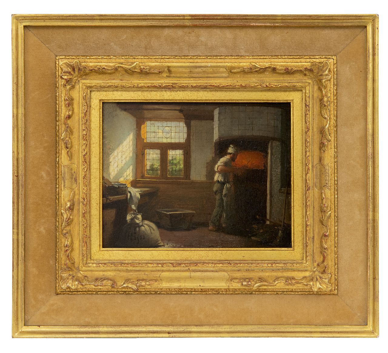 Scheeres H.J.  | Hendricus Johannes Scheeres, Voor de oven, olieverf op paneel 13,3 x 17,1 cm, gesigneerd linksonder met monogram en gedateerd '53