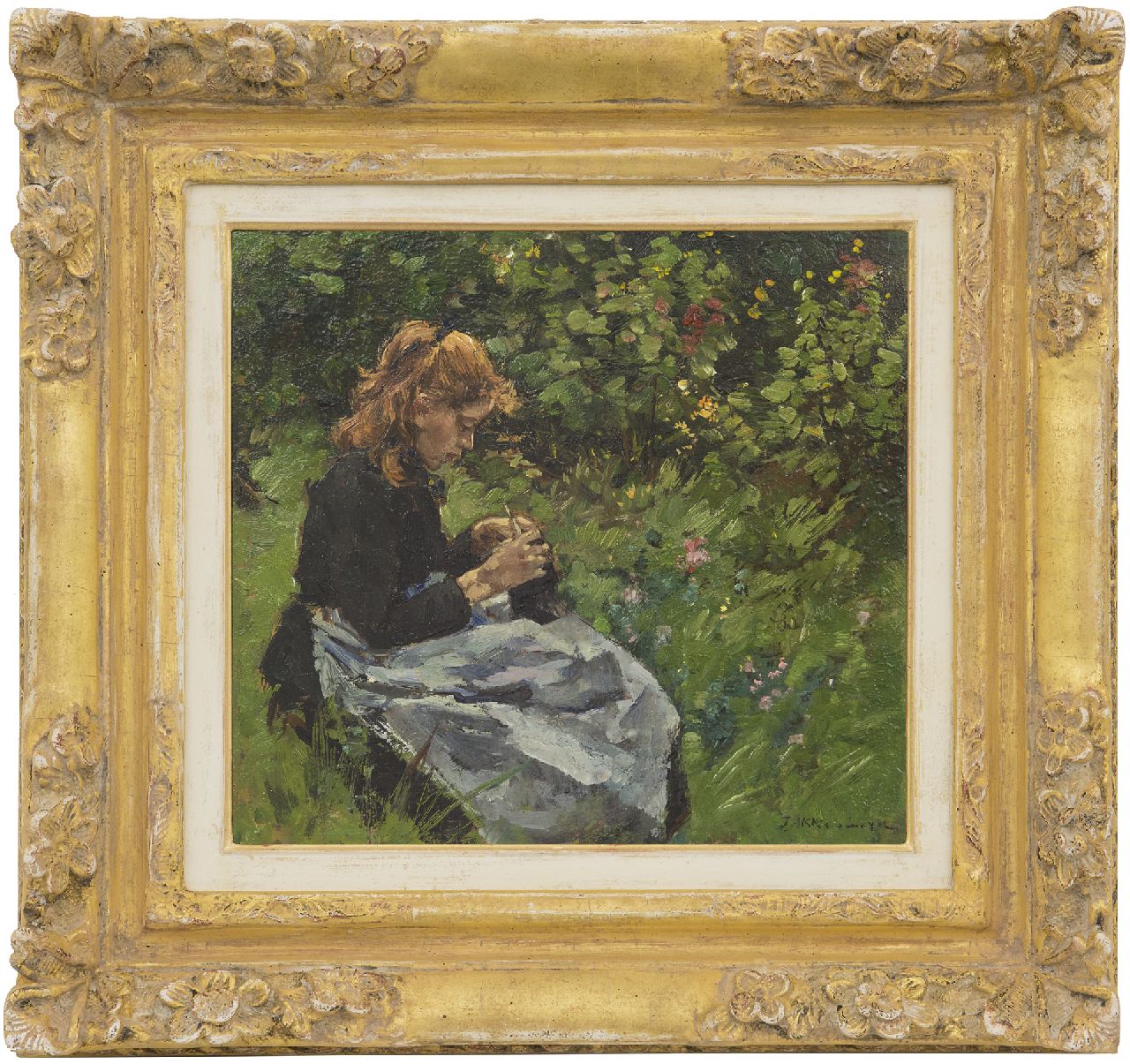 Akkeringa J.E.H. | 'Johannes Evert' Hendrik Akkeringa, Breiend meisje in de tuin, olieverf op paneel 23,6 x 25,7 cm, gesigneerd rechtsonder Akkeringa J.E.H. | 'Johannes Evert' Hendrik Akkeringa, Breiend meisje in de tuin, olieverf op paneel 23,6 x 25,7 cm, gesigneerd rechtsonder
