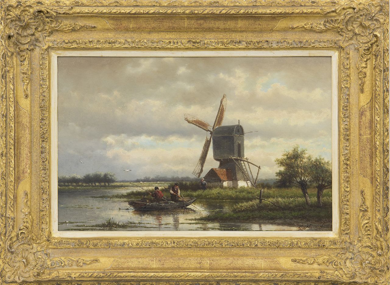 Heerebaart G. | Georgius Heerebaart | Schilderijen te koop aangeboden | Vissers bij een molen in een plassenlandschap, olieverf op paneel 26,4 x 40,8 cm, gesigneerd rechtsonder Heerebaart G. | Georgius Heerebaart | Schilderijen te koop aangeboden | Vissers bij een molen in een plassenlandschap, olieverf op paneel 26,4 x 40,8 cm, gesigneerd rechtsonder