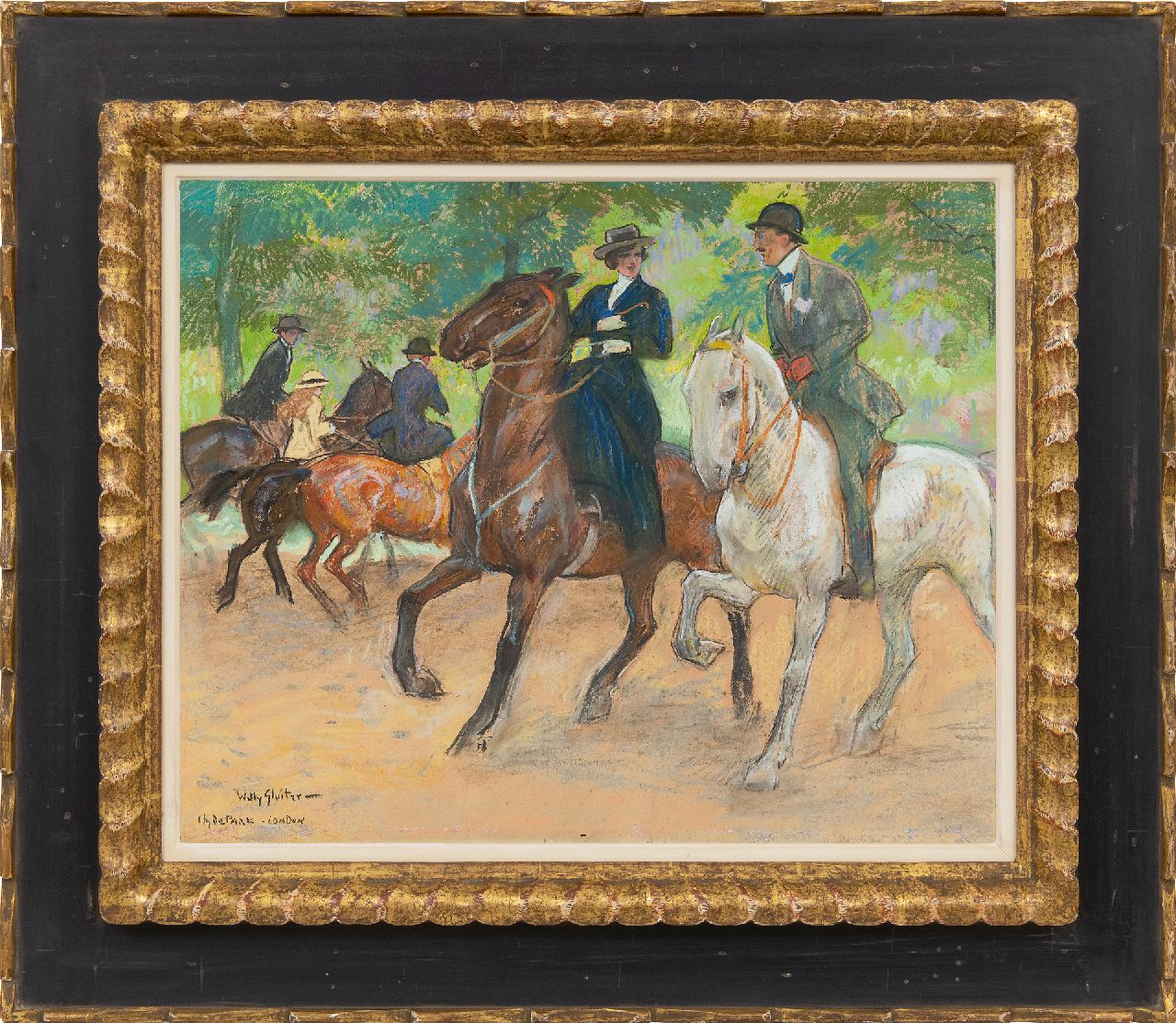 Sluiter J.W.  | Jan Willem 'Willy' Sluiter | Aquarellen en tekeningen te koop aangeboden | Paardrijden in Hyde Park, Londen, pastel op papier 38,0 x 49,0 cm, gesigneerd linksonder