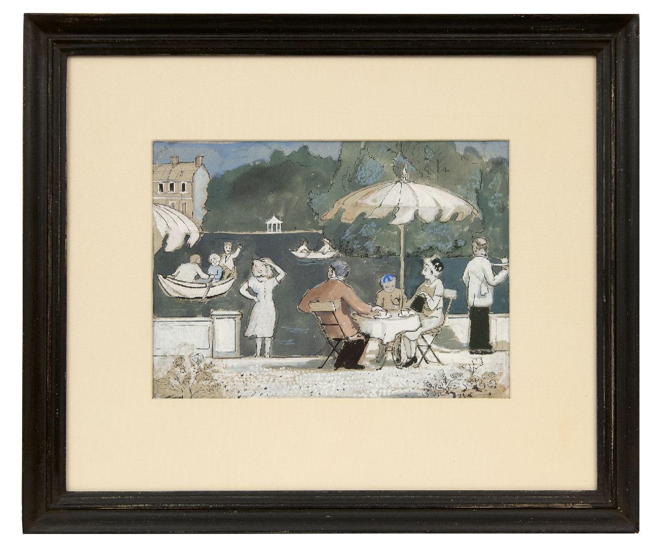 Kamerlingh Onnes H.H.  | 'Harm' Henrick Kamerlingh Onnes, Terras aan de Oude Rijn tussen Valkenburg en Oegstgeest, pen, inkt en aquarel op papier 19,5 x 27,0 cm, te dateren ca. 1960