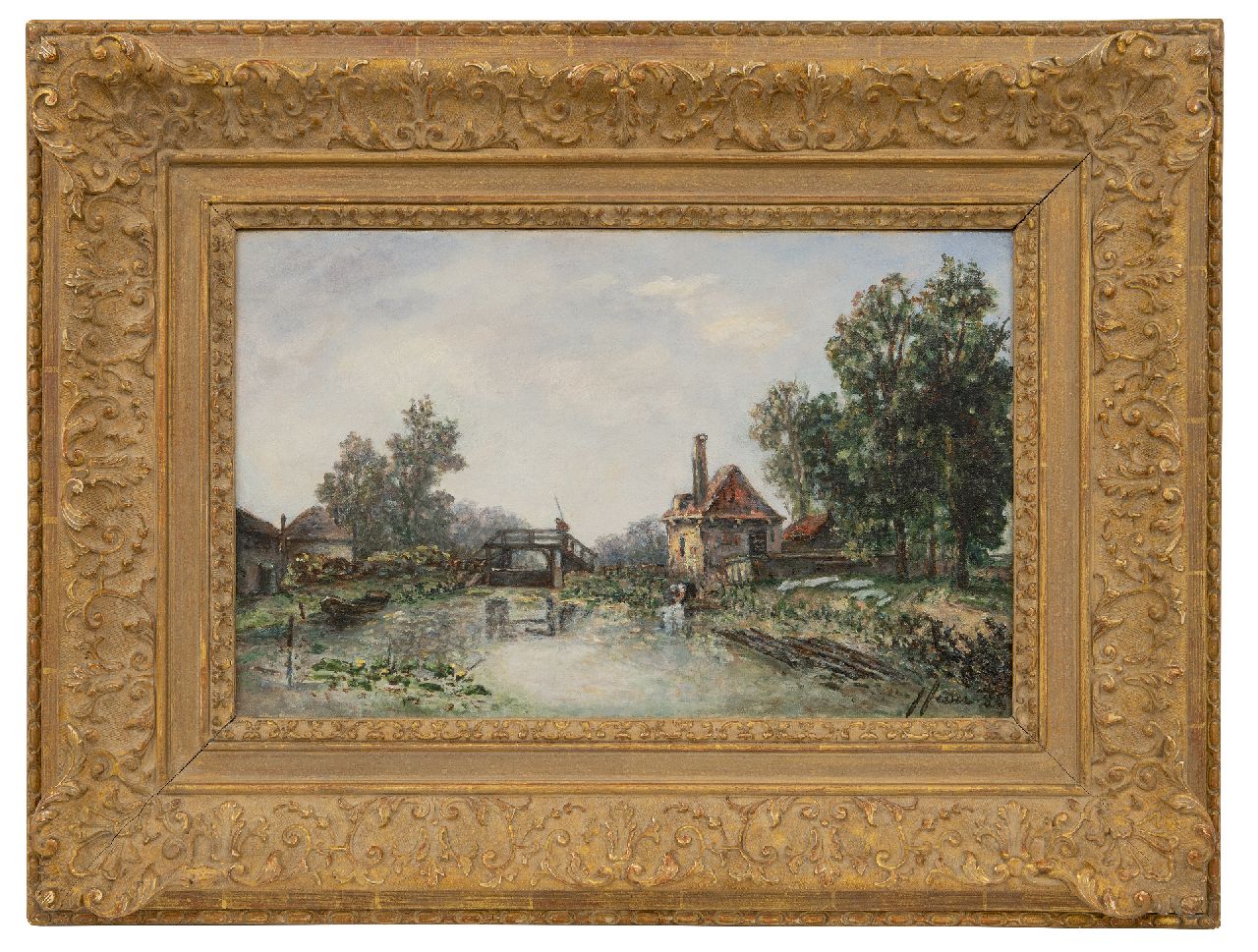 Fesser-Borrhée M.J. | Marie 'Joséphine' Fesser-Borrhée | Schilderijen te koop aangeboden | Wasvrouw bij een sluisje, olieverf op doek 26,2 x 42,2 cm, gesigneerd rechtsonder en gedateerd '88 Fesser-Borrhée M.J. | Marie 'Joséphine' Fesser-Borrhée | Schilderijen te koop aangeboden | Wasvrouw bij een sluisje, olieverf op doek 26,2 x 42,2 cm, gesigneerd rechtsonder en gedateerd '88