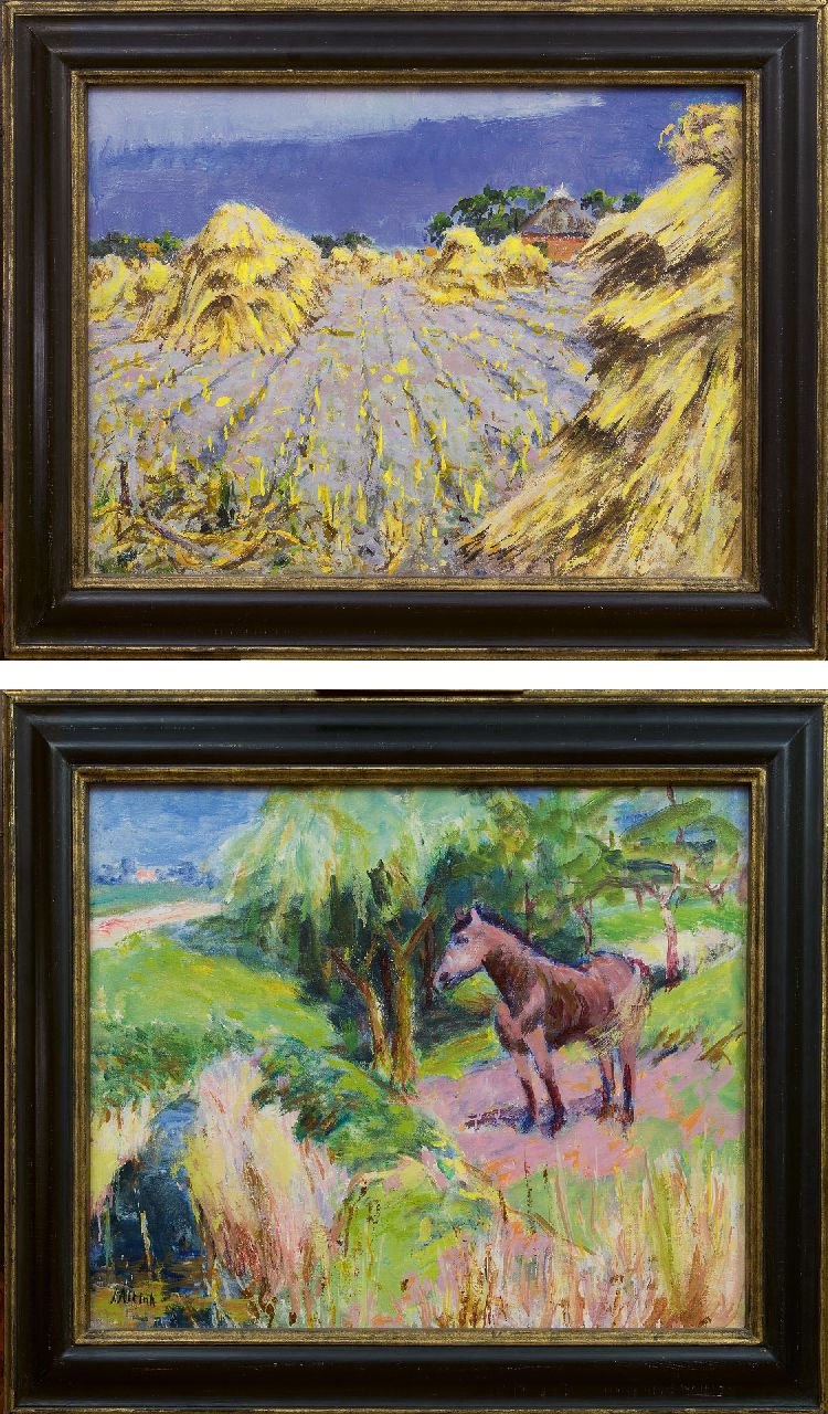 Altink J.  | Jan Altink, Vlasakker; verso: Boerenerf met paard, wasverf op doek 58,0 x 78,5 cm, gesigneerd verso linksonder en te dateren ca. 1930