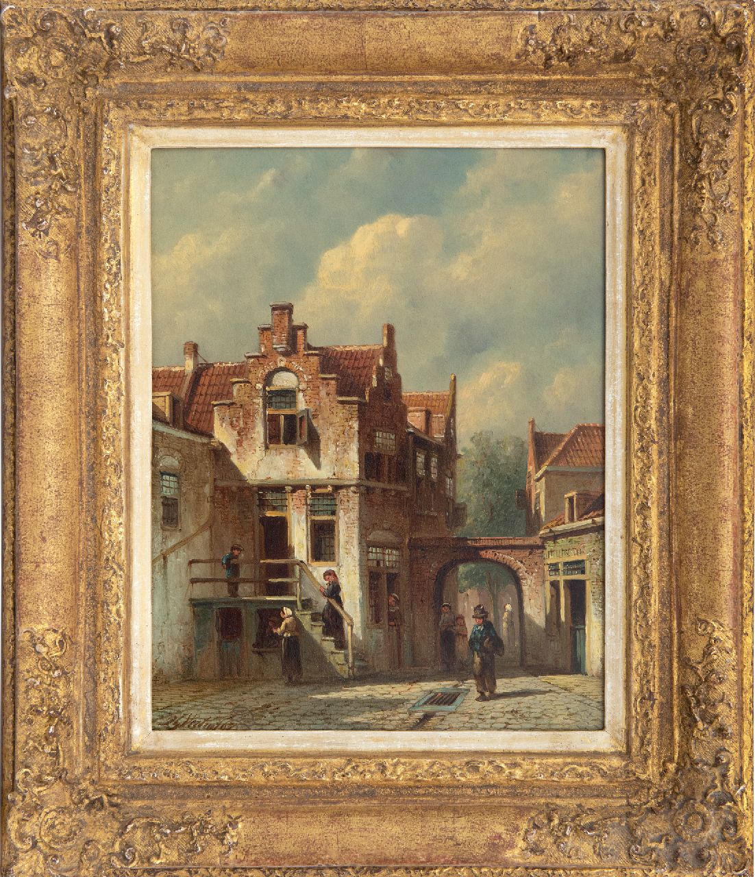 Vertin P.G.  | Petrus Gerardus Vertin | Schilderijen te koop aangeboden | Zonnig Hollands straatje met figuren bij een poortje, olieverf op paneel 26,1 x 20,5 cm, gesigneerd linksonder en gedateerd '67