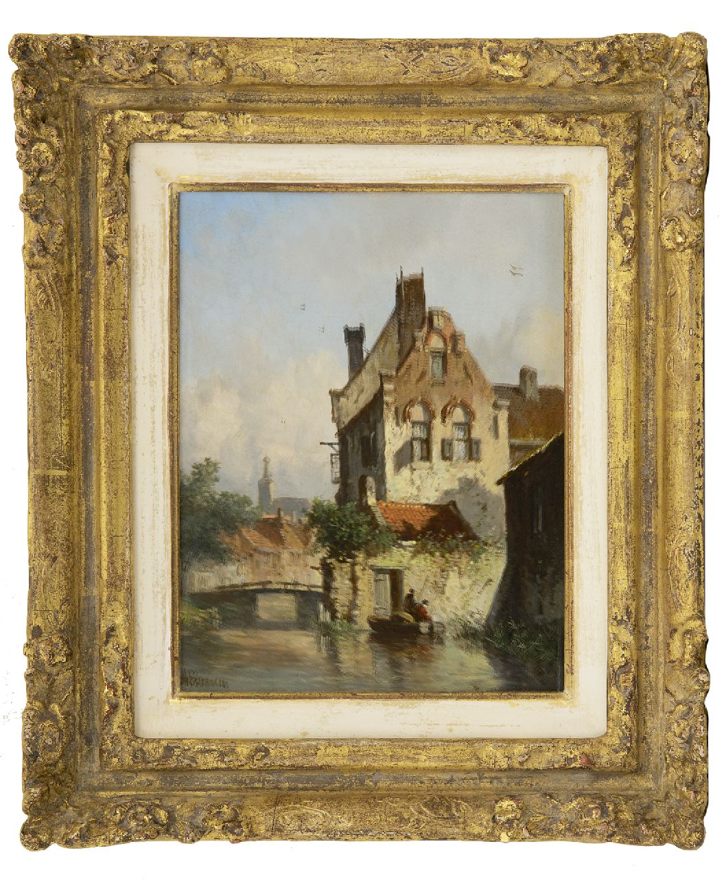 Eversen A. | Adrianus Eversen, Vissers in de stadsgracht, bij zomer, olieverf op paneel 19,0 x 14,9 cm, gesigneerd linksonder Eversen A. | Adrianus Eversen, Vissers in de stadsgracht, bij zomer, olieverf op paneel 19,0 x 14,9 cm, gesigneerd linksonder