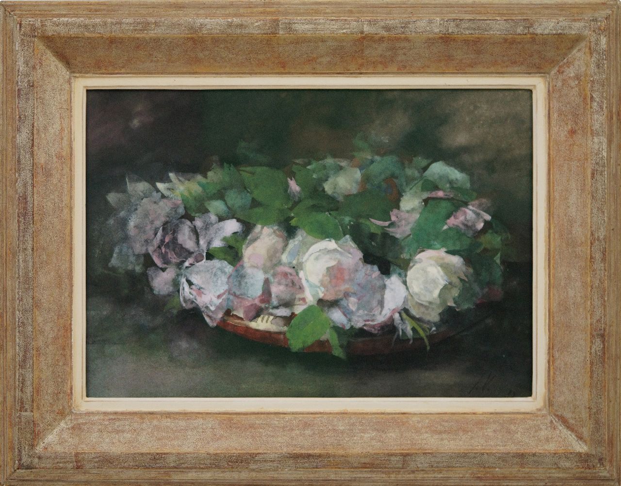 Voerman sr. J. | Jan Voerman sr., 'La France'- rozen in aardewerken schaal, aquarel op papier 30,0 x 44,0 cm, gesigneerd rechtsonder met initialen en gedateerd '89 Voerman sr. J. | Jan Voerman sr., 'La France'- rozen in aardewerken schaal, aquarel op papier 30,0 x 44,0 cm, gesigneerd rechtsonder met initialen en gedateerd '89
