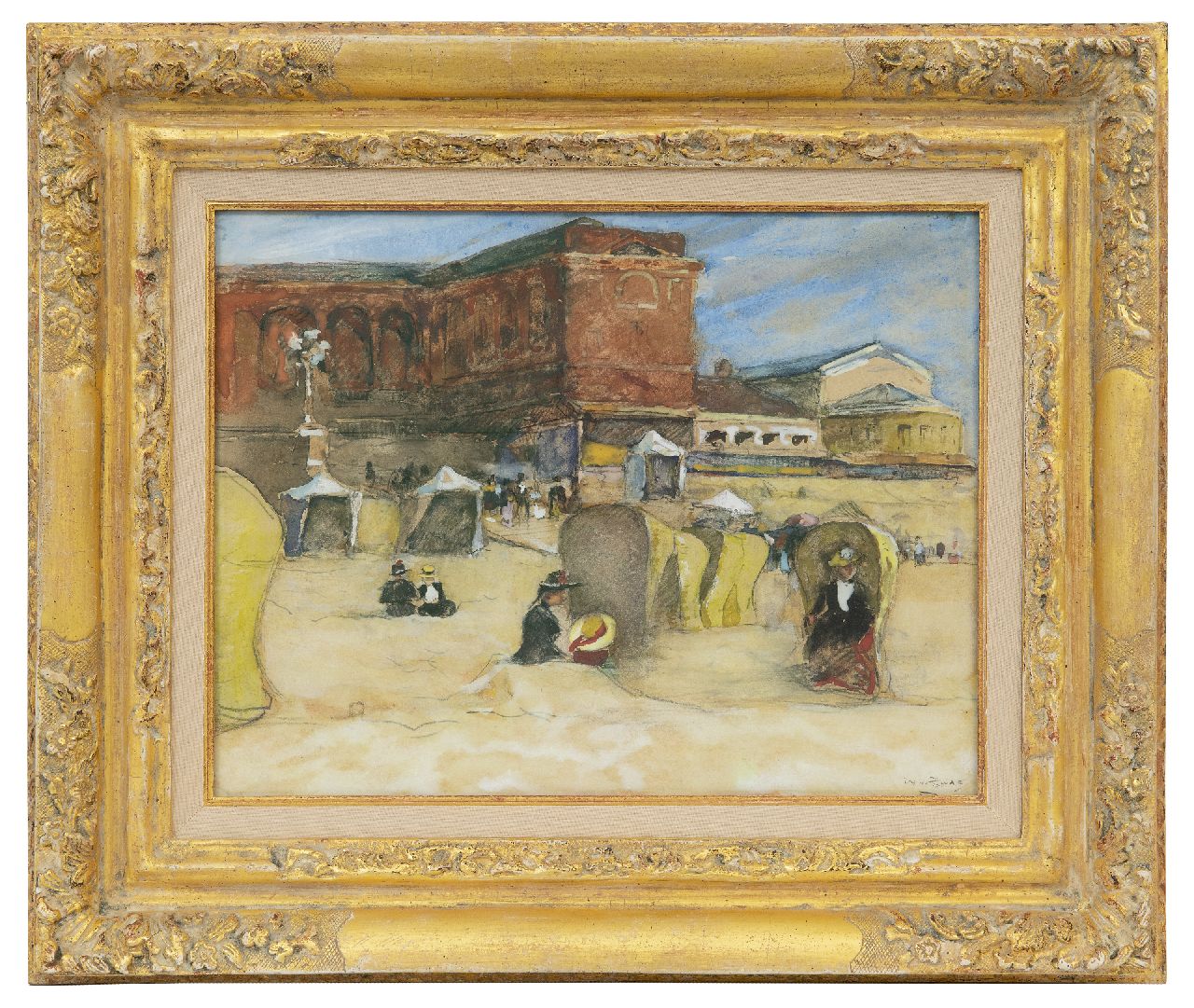 Zwart W.H.P.J. de | Wilhelmus Hendrikus Petrus Johannes 'Willem' de Zwart | Aquarellen en tekeningen te koop aangeboden | Het strand van Scheveningen met rechts het Palais de Danse, zwart krijt en aquarel op papier 24,6 x 32,3 cm, gesigneerd rechtsonder