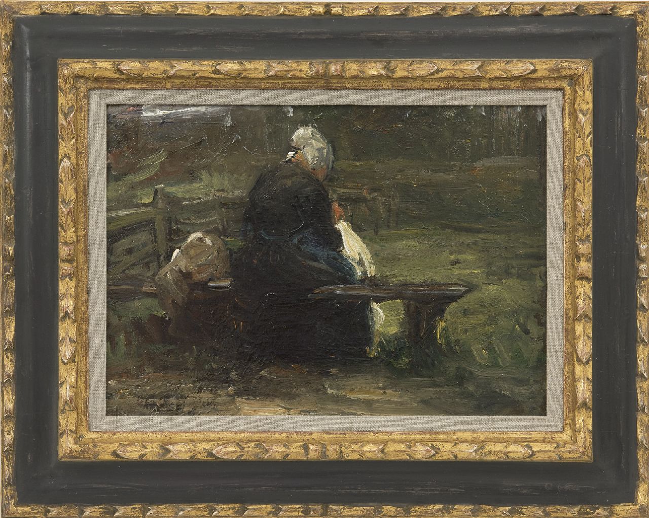Blommers B.J. | Bernardus Johannes 'Bernard' Blommers | Schilderijen te koop aangeboden | Vissersvrouw op een bankje, olieverf op doek 25,0 x 35,1 cm Blommers B.J. | Bernardus Johannes 'Bernard' Blommers | Schilderijen te koop aangeboden | Vissersvrouw op een bankje, olieverf op doek 25,0 x 35,1 cm