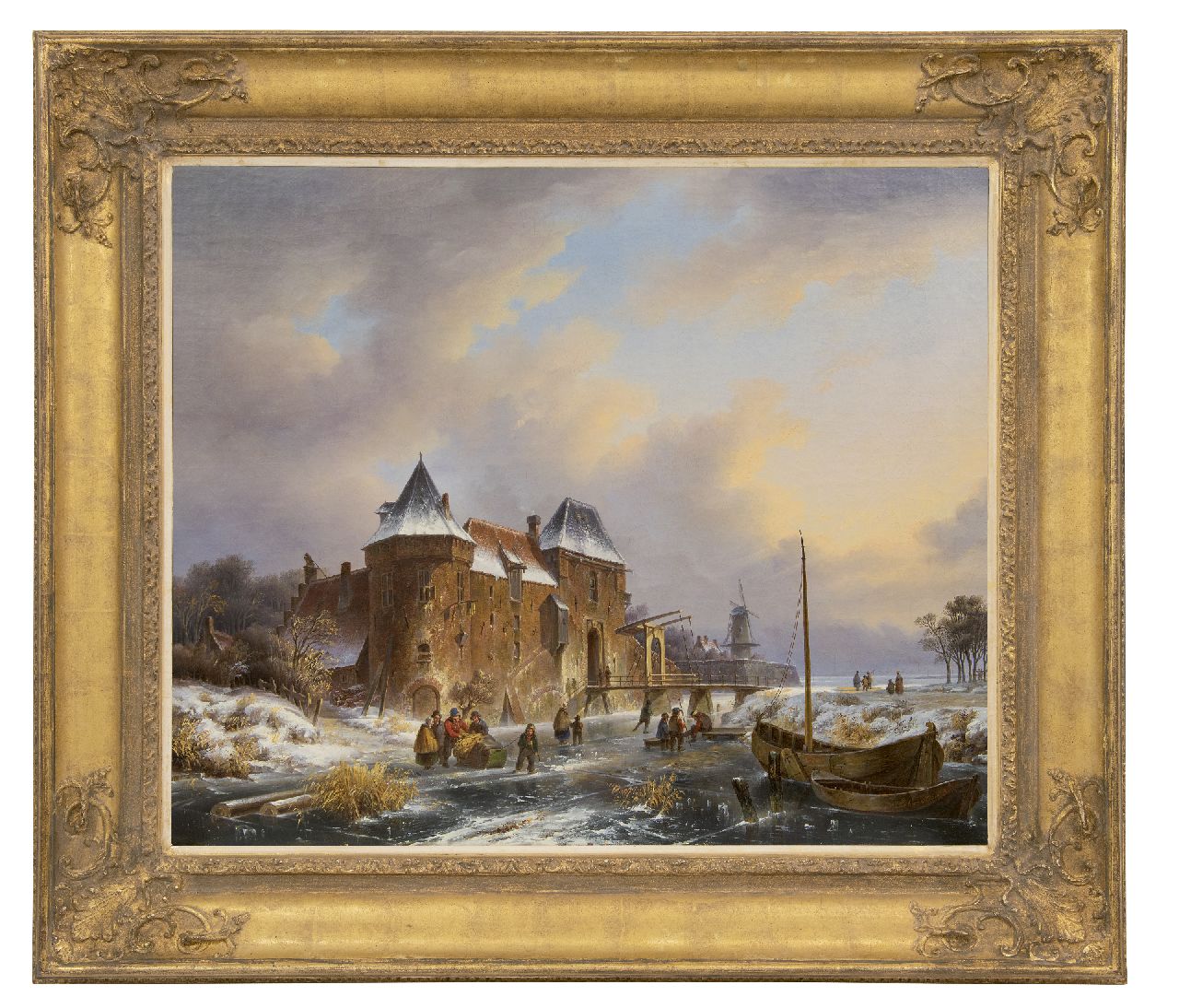 Straaten B. van | Bruno van Straaten, Schaatsers bij een stadspoort (mogelijk fantasiegezicht op de buitengracht van Utrecht met waltoren De Vos), olieverf op doek 67,2 x 81,1 cm, gesigneerd rechtsonder op de roeiboot Straaten B. van | Bruno van Straaten, Schaatsers bij een stadspoort (mogelijk fantasiegezicht op de buitengracht van Utrecht met waltoren De Vos), olieverf op doek 67,2 x 81,1 cm, gesigneerd rechtsonder op de roeiboot