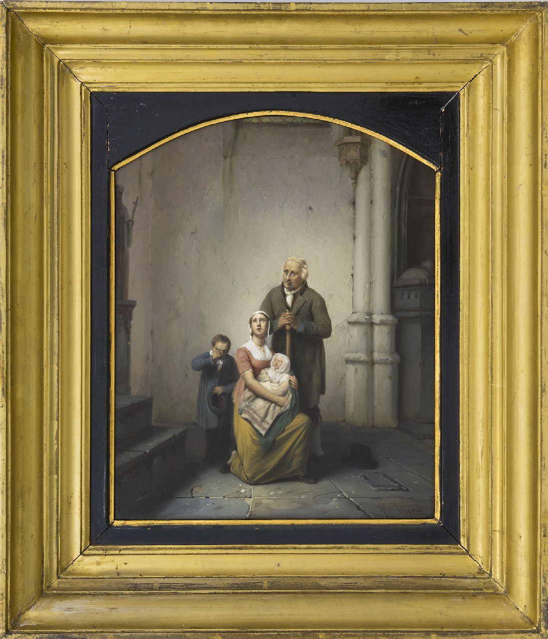Haanen G.G.  | George Gillis Haanen, Familie bij kerkuitgang, olieverf op paneel 34,3 x 27,1 cm, gesigneerd rechtsonder en gedateerd 1832
