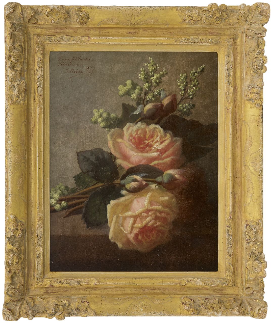 Robie J.B. | Jean-Baptiste Robie | Schilderijen te koop aangeboden | Rozen op een plint, olieverf op paneel 36,3 x 27,0 cm, gesigneerd linksboven en gedateerd 'Août 1907' Robie J.B. | Jean-Baptiste Robie | Schilderijen te koop aangeboden | Rozen op een plint, olieverf op paneel 36,3 x 27,0 cm, gesigneerd linksboven en gedateerd 'Août 1907'