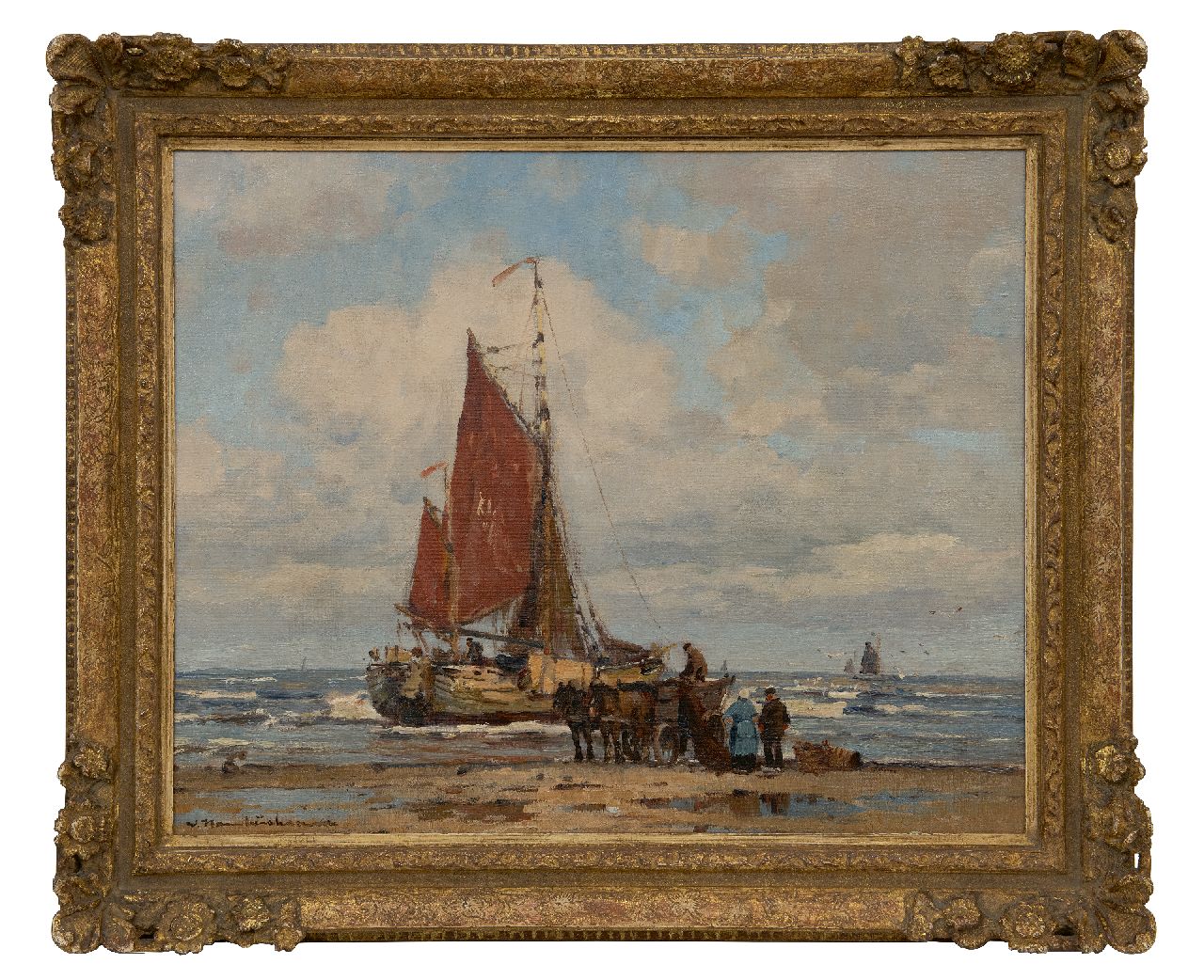 Hambüchen W. | Wilhelm Hambüchen, Bomschuit in de branding, Katwijk, olieverf op doek 50,0 x 60,5 cm, gesigneerd linksonder en zonder lijst Hambüchen W. | Wilhelm Hambüchen, Bomschuit in de branding, Katwijk, olieverf op doek 50,0 x 60,5 cm, gesigneerd linksonder en zonder lijst