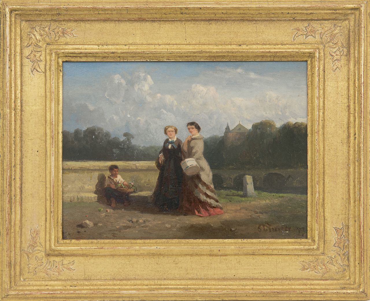 Verveer S.L. | 'Salomon' Leonardus Verveer | Schilderijen te koop aangeboden | Twee vrouwen en een bloemenverkopertje in een landschap, olieverf op paneel 15,1 x 20,2 cm, gesigneerd rechtsonder en gedateerd '57 Verveer S.L. | 'Salomon' Leonardus Verveer | Schilderijen te koop aangeboden | Twee vrouwen en een bloemenverkopertje in een landschap, olieverf op paneel 15,1 x 20,2 cm, gesigneerd rechtsonder en gedateerd '57