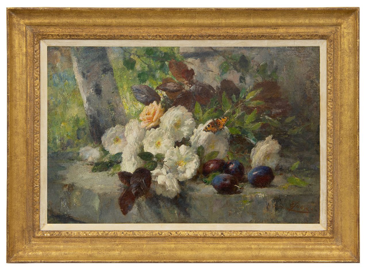 Joors E. | Eugeen Joors | Schilderijen te koop aangeboden | Stilleven met rozen, fruit en een vlinder, olieverf op doek 48,5 x 73,8 cm, gesigneerd rechtsonder Joors E. | Eugeen Joors | Schilderijen te koop aangeboden | Stilleven met rozen, fruit en een vlinder, olieverf op doek 48,5 x 73,8 cm, gesigneerd rechtsonder