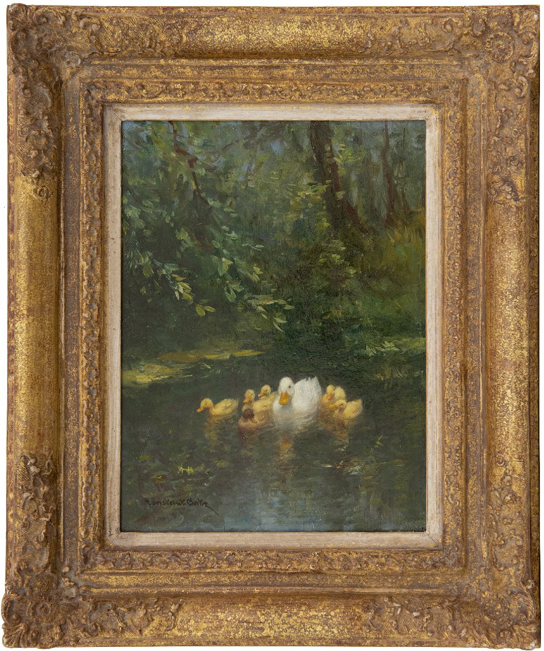 Artz C.D.L.  | 'Constant' David Ludovic Artz, Moedereend met zes kuikens in het water, olieverf op paneel 24,0 x 17,9 cm, gesigneerd linksonder