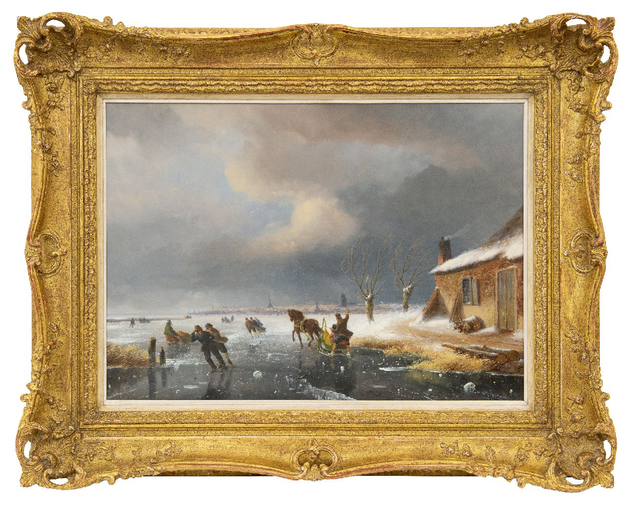 Roosenboom N.J. | Nicolaas Johannes Roosenboom | Schilderijen te koop aangeboden | Schaatsers op een bevroren rivier met een stad in de verte, olieverf op paneel 36,1 x 50,0 cm, gesigneerd rechtsonder Roosenboom N.J. | Nicolaas Johannes Roosenboom | Schilderijen te koop aangeboden | Schaatsers op een bevroren rivier met een stad in de verte, olieverf op paneel 36,1 x 50,0 cm, gesigneerd rechtsonder